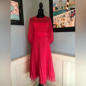 Hot Pink Fuchsia Pleated Chiffon Dotted Swiss Midi Dress Sz 6